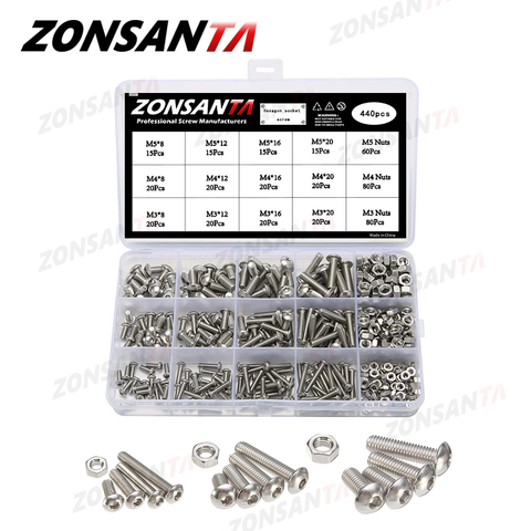 ZONSANTA-Juego de tornillos y tuercas hexagonales de acero inoxidable, M3, M4, M5, Kit surtido de tornillos, 440 Uds. ► Foto 1/6