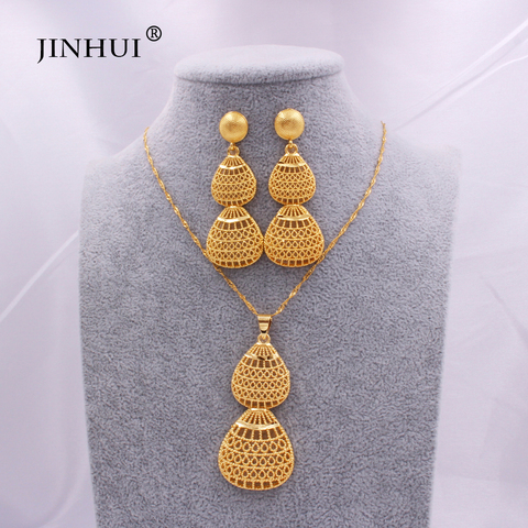 Juegos de joyas para mujer, color dorado, 24K, Africano/indio, regalo de fiesta nupcial, collar, Pendientes colgantes, conjunto de joyería ► Foto 1/6