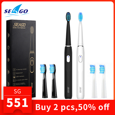 SEAGO-cepillo de dientes eléctrico recargable, compra uno y obtén uno gratis, 4 modos de viaje, con 3 cabezales, regalo ► Foto 1/6