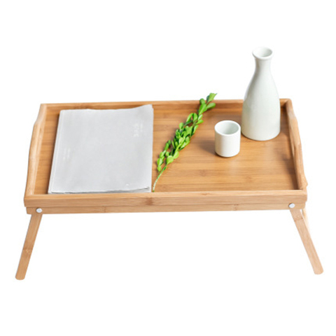 Bandeja de madera de bambú para desayuno en la cama, mesa de comedor sencilla para sofá, cama, Picnic con mango, mesas pequeñas ► Foto 1/6