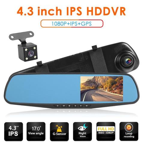 1080p cámara de salpicadero DVR cámara con grabadora para coche espejo de 4,3 pulgadas IPS 480X800 Dual lente de espejo retrovisor de la cámara del tablero de instrumentos del grabación Doble ► Foto 1/6