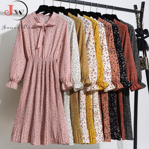 Mujeres elegante Casual Floral imprimir Otoño Invierno vestido plisado Vintage Collar de Camisa de gasa de manga larga vestido de 2022 Robe Femme ► Foto 1/6