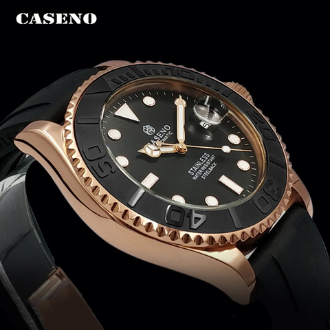 Reloj mecánico automático para hombre, relojes de marca de lujo para hombre, anillo exterior de cerámica negra, reloj de silicona de acero inoxidable dorado, CASENO ► Foto 1/6