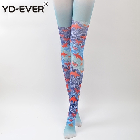 YD-EVER con estampado de carpa para mujer, medias con pulverizador, tendencia en línea para celebridades, moldura las caderas, pantimedias de fondo ► Foto 1/6