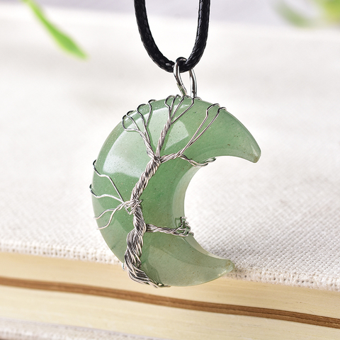 1PC de cristal Natural colgante Árbol de la vida de forma de Luna piedra Mineral de cuarzo de joyería de piedra de curación para hombres y mujeres de regalo de la joyería ► Foto 1/6