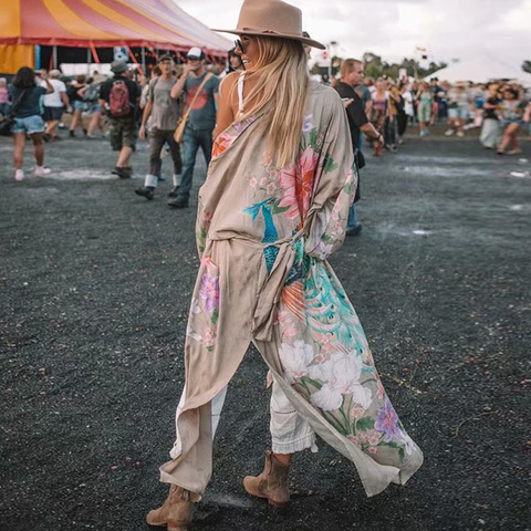 AYUALIN – Kimono de punto de manga larga de estilo bohemio para verano, Caftán sexy de color caqui con estampado floral para mujer, con aberturas laterales, para playa ► Foto 1/6