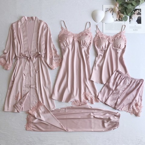 Ropa de dormir Sexy de encaje para mujer, conjunto informal de satén gris, ropa de casa, camisón liso sedoso, 5 uds. ► Foto 1/6