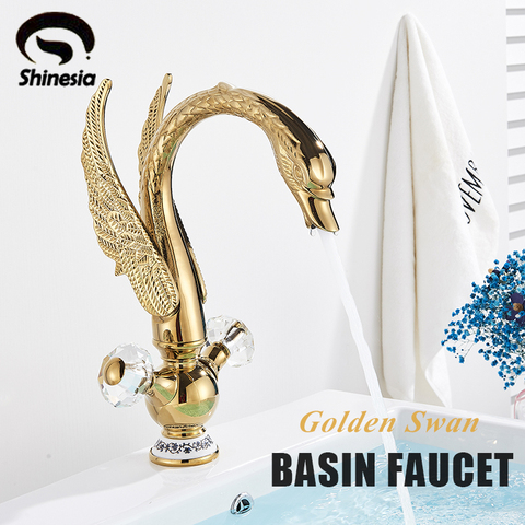 Grifo de lavabo de pájaro dorado Shinesia con forma de cisne Estilo nórdico de lujo grifo mezclador de agua caliente y fría para lavabo de baño ► Foto 1/6