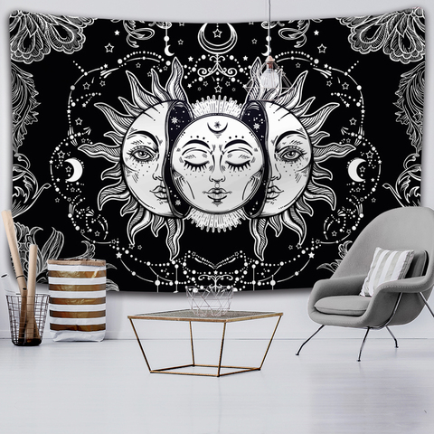 Tapiz de Mandala en forma de luna y sol, tapiz de pared colgante de brujería, alfombras de pared Hippie, decoración de dormitorio, tapiz psicodélico, blanco y negro ► Foto 1/6