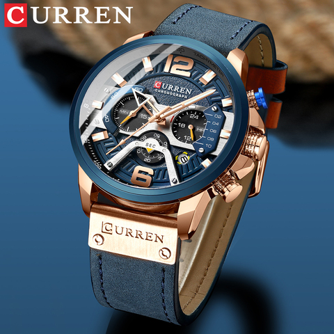 CURREN-Reloj deportivo de lujo para Hombre, cronógrafo de cuero azul, con fecha, a la moda, resistente al agua, 2022 ► Foto 1/6