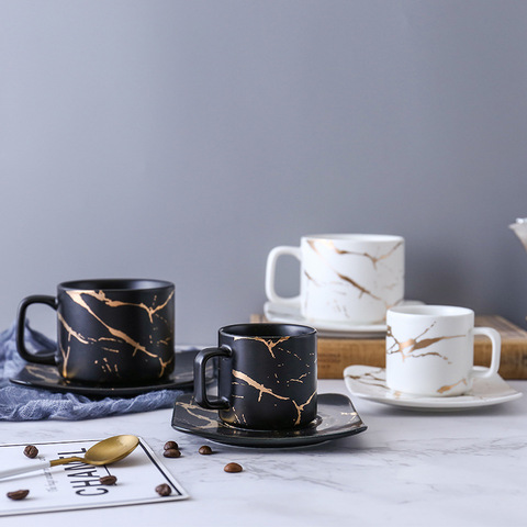 Taza de café de mármol, taza blanca y negra y taza con platillo Taza de café de alta calidad, juego de café, taza con platillo, tazas de café ► Foto 1/5