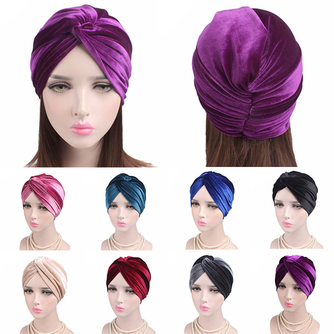 Turbante elástico de terciopelo para mujer, pañuelo cruzado musulmán para la cabeza, gorro de quimio, accesorios para el cabello de Color sólido ► Foto 1/6