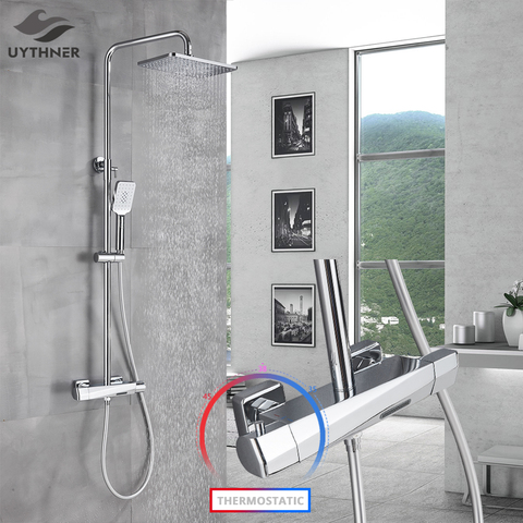 Grifo de ducha cromado termostático, cabezal de ducha de lluvia montado en la pared, mezclador de bañera, termostato controlado ► Foto 1/6