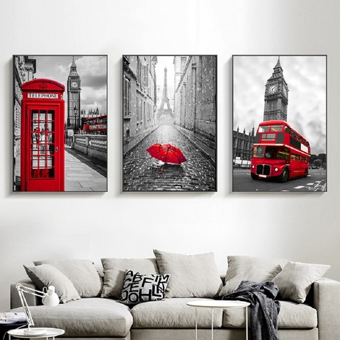 Autobús rojo negro blanco París Londres carteles y cuadros en lienzo impresos cabina de teléfono cuadros artísticos de pared para decoración para sala de estar ► Foto 1/6