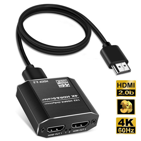 Divisor de HDMI de alta velocidad, 1 duplicador a 2 pantallas HDMI 4K @ 60Hz, 1 en 2, con escalar, Cable HDMI, compatible con HDCP 2,2 ► Foto 1/6