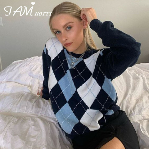 IAMHOTTY-suéter de estilo escolar para mujer, Jersey de punto Y2K estético Argyle para chicas de los años 90, estilo Preppy, Top elegante para mujer 2022 ► Foto 1/6