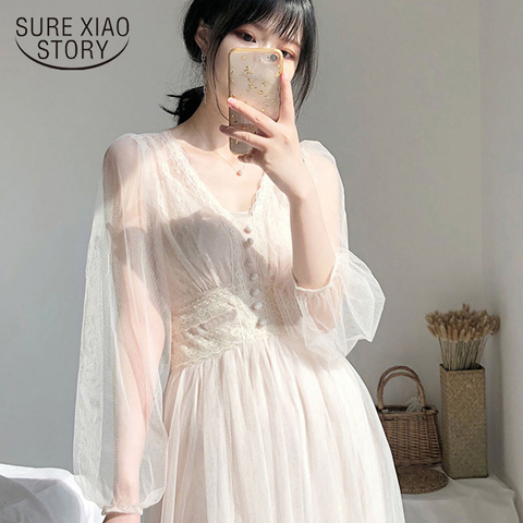 Vestido de talla grande de primavera 2022, elegante vestido blanco con botones, manga abombada, cuello en V, encaje, gasa, 8126 ► Foto 1/6