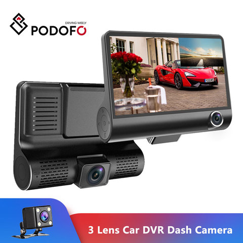 Podofo-cámara de vídeo de tres vías para coche, grabadora de vídeo de salpicadero con sensor G, Dashcam automática DVR, 4