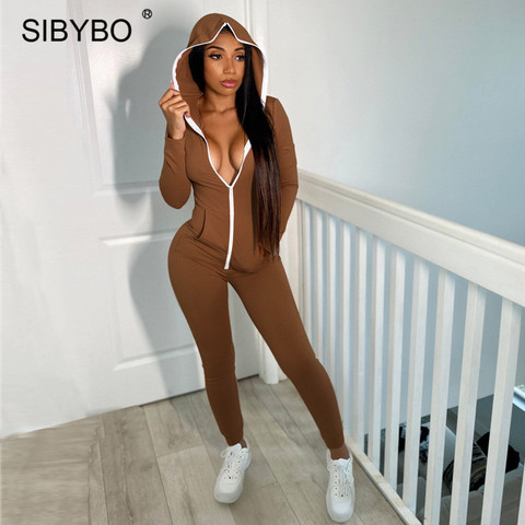 Sibybo-mono con capucha para mujer, peto de Sport con cremallera de manga larga, ropa de calle negra, peto Sexy ajustado ► Foto 1/6