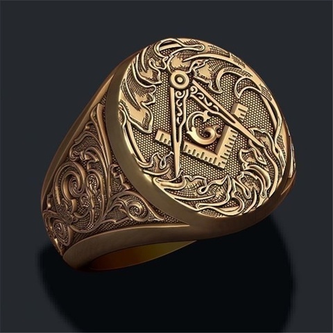 Anillo de Metal dorado con diseño de masón para hombre, joyería de fiesta, tallas 7-12 ► Foto 1/1