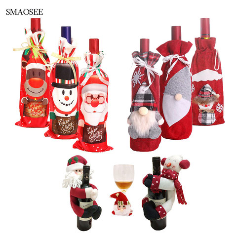 Botella de vino tinto cubre bolsas Wineglass ornamento Santa Claus taza alfombra muñeco de nieve Reno adornos 2022 decoraciones de mesa de Navidad ► Foto 1/6