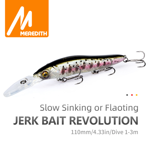 MEREDITH Minnow Wobbler Señuelos de Pesca de 110mm y 15,8g Artificial cebo duro de profundidad de 0-3m lento flotar Jerkbait bajo Pike cebo frente ► Foto 1/6