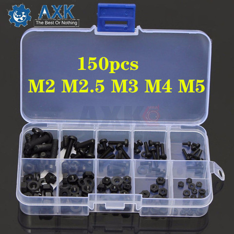150 Uds nuevo portátil M2 M2.5 M3 M4 M5 Nylon negro hexagonal tornillos y tuercas separador conjunto surtido no magnético con caja ► Foto 1/4