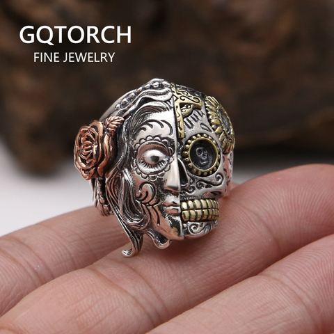 Anillo de calavera de doble cara de Plata de Ley 925 auténtica con Rosa tallado de flores Vintage Punk tailandés joyería de plata personalidad ► Foto 1/6