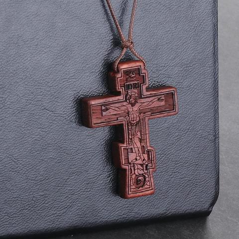 Collares cruzados de madera roja y negra para hombre, cadenas de cuerda de cuero ajustables, collar con colgante religioso de INRI, Santo romano, san Benito ► Foto 1/6