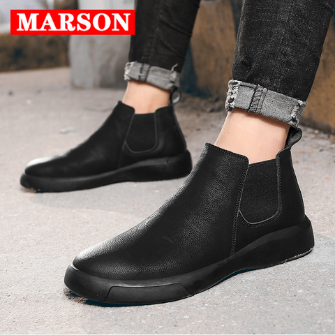 MARSON botas planas casuales para hombre zapato corto tobillo botas cortas cómodo impermeable al aire libre calzado de cuero antideslizante de talla grande ► Foto 1/6