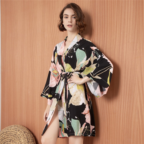 Kimono con estampado de flores tradicional de estilo japonés para Mujer, ropa de dormir corta, cárdigan de moda asiática, pijamas de vendaje, otoño ► Foto 1/6