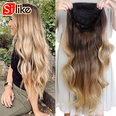 Silike 24 pulgadas ondulado 3/4 media peluca extensiones de cabello sintético largo Ombre Rubio pelucas sin capucha extensiones de cabello para mujer 210g ► Foto 1/6