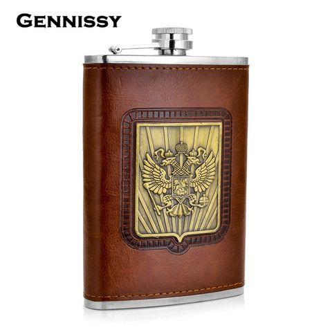 GENNISSY-frasco de whisky con emblema impreso de Rusia, frasco de cuero marrón de acero inoxidable de 9 oz, frasco portátil para bebidas, regalo ► Foto 1/6