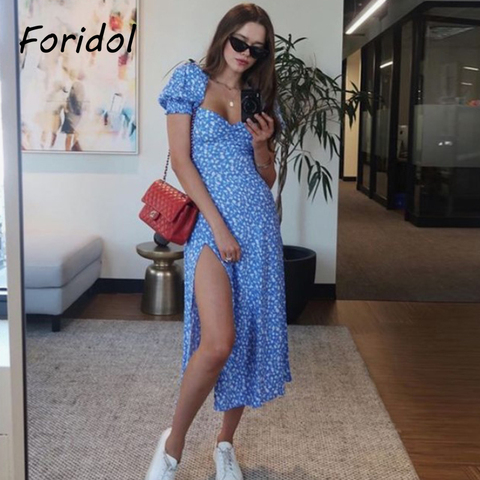 Foridol vintage puff manga vestido floral verano División largo vestido boho vestido de playa o vacaciones retro azul vestido ► Foto 1/6