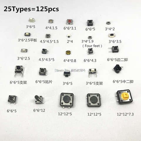 125 Uds 25 tipos/lote interruptores de Micro tacto interruptor pulsador Reset Mini interruptor tipo hoja SMD DIP 2*4 3*6 4*4 6*6 kit de bricolaje ► Foto 1/3