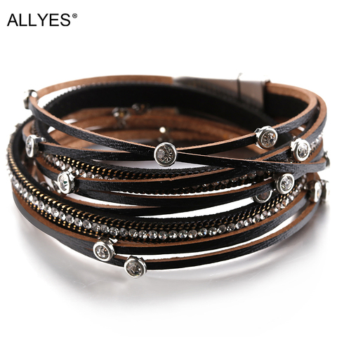 ALLYES-pulsera de cuentas de cristal de múltiples capas para mujer, brazaletes de cuero Vintage y brazalete, joyería para mujer ► Foto 1/6