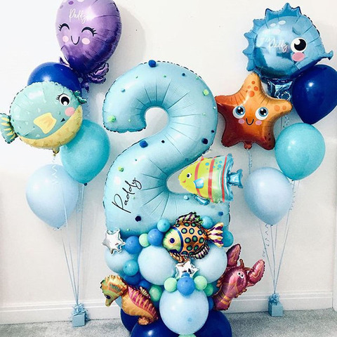 43 Uds océano bajo el mar mundo globos de forma de animales bebé ducha edad Número 1 2 3 4 5 6 7 8 9 decoraciones para fiesta de cumpleaños de los niños ► Foto 1/5