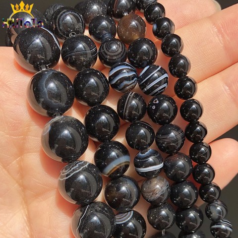 Cuentas espaciadoras sueltas de ónice de ágatas a rayas negras para joyería, accesorios de abalorios de pulsera de 15 