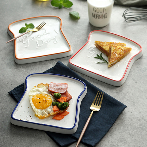Plato de porcelana con forma de tostada PARA CENA, platos rectangulares blancos con borde azul, naranja y rosa para pastel para el desayuno ► Foto 1/5