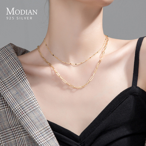 Modian-collar de cadena de eslabones geométricos para mujer, Plata de Ley 925, doble capa, accesorios de joyería delicada para fiesta ► Foto 1/5