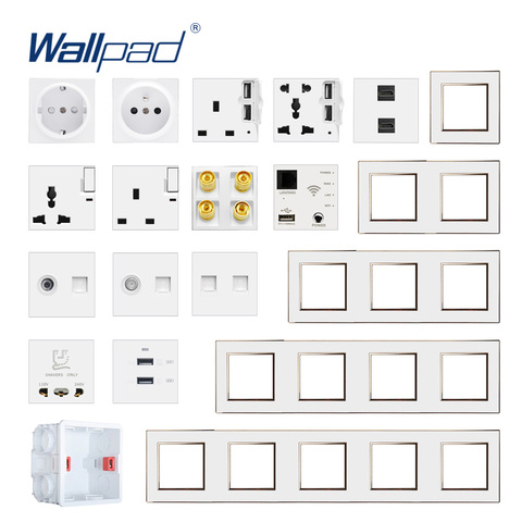 Wallpad-Panel acrílico blanco con borde dorado toma de corriente de pared, enchufe con función de salida eléctrica, Combinación libre ► Foto 1/6