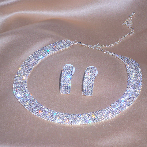 Conjunto de collar y pendientes de compromiso para mujer, joyería Cristal de moda, conjunto de joyería nupcial para fiesta de boda, Bisutería ► Foto 1/6