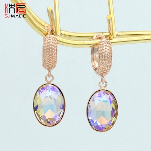 SJMADE-pendientes colgantes de cristal ovalado para mujer, forma de huevo clásica, oro blanco y rosa 585, joyería elegante de lujo para boda ► Foto 1/6