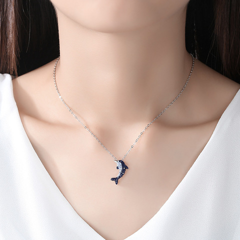 Buyee-collar de cadena de Plata de Ley 925 auténtica para clavícula para mujer, colgante Simple de pez delfín de cristal, joyería ► Foto 1/5
