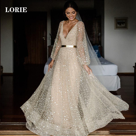 LORIE brillo de encaje de la boda Vestido de una línea de cuello en V novia Boho vestido con mangas Puff Vestidos de boda Vestidos de novia sin respaldo ► Foto 1/6