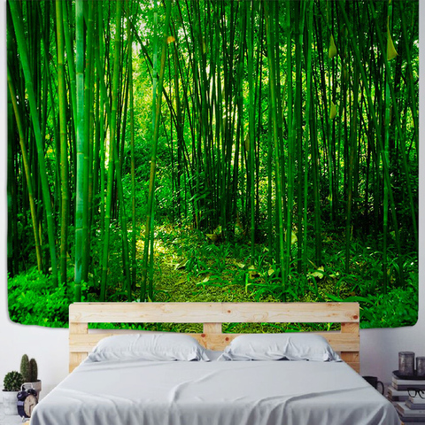 Tapiz natural de bosque de bambú verde, diseño de grano de madera, tapiz colgante de pared de bosque, decoración de sala de estar, árbol de decoración de hogar, pared ► Foto 1/6