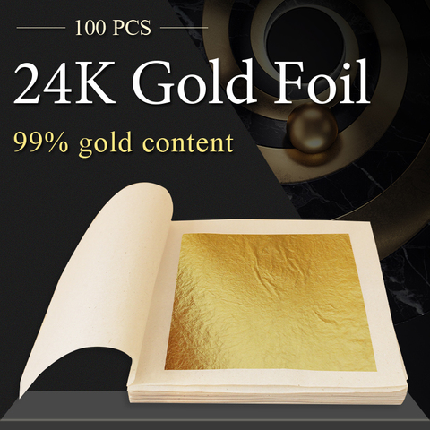 Láminas de hojas de oro comestible, papel de aluminio de escamas doradas de 100 uds, práctico oro de 24K para manualidades, decoración de tartas, artesanía de pared, dorado ► Foto 1/6