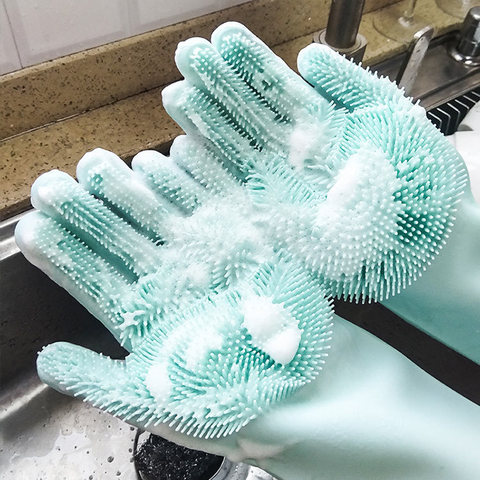 Guantes de goma para limpieza de lavavajillas, manoplas mágicas de silicona para lavar platos, estropajo para el hogar, cocina, herramienta de limpieza, 1 par ► Foto 1/6