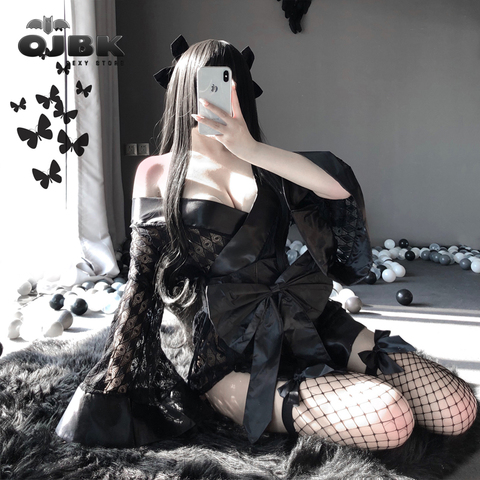 Cosplay Sexy oscuro uniforme Kimono japonés erótico trajes para las mujeres Robe de papel Red de juego hilo negro 3 uds conjunto de lencería ► Foto 1/5