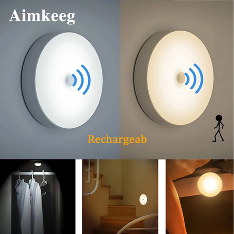 Lámpara con Sensor de movimiento para el hogar, luz de noche junto a la cama recargable por USB, 6LED, para dormitorio, armario, iluminación interior portátil, lámpara de pared ► Foto 1/6